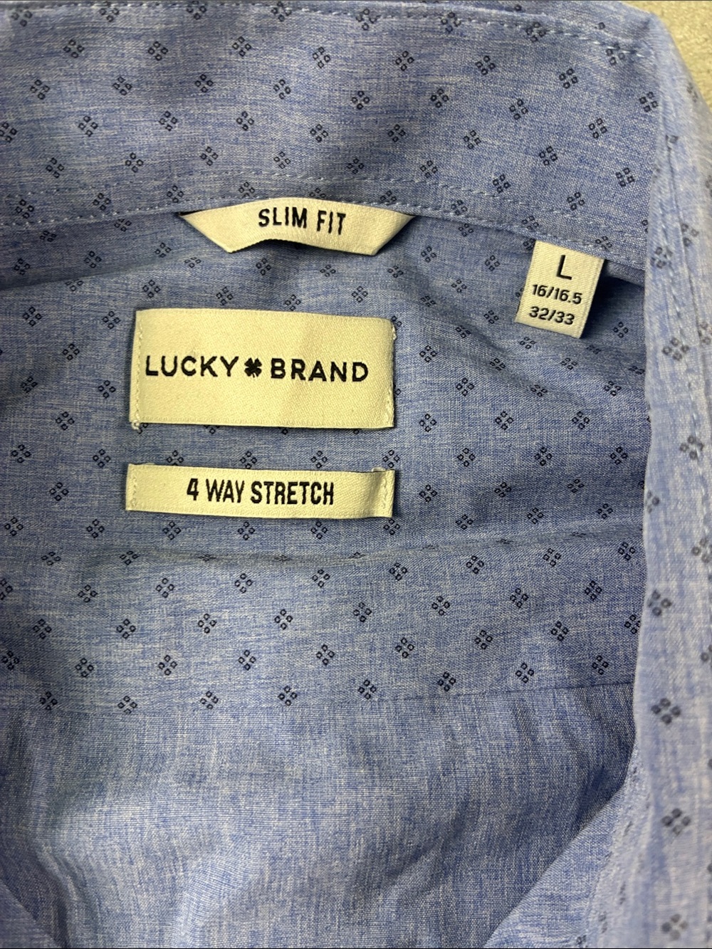 NWT‎ Lucky Brand Men’s Large Slim Fit 4-Way Stretch Blue Geo Button Down Shirt - Picture 2 of 7
